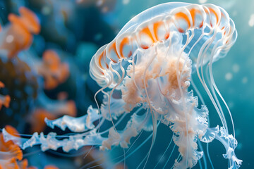 the delicate, translucent texture of a tropical jellyfish drifting lazily in the warm waters of a coral reef