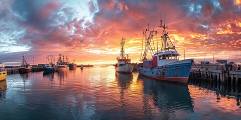 A harbor at sunset with fishing boats returning to dock.  - obrazy, fototapety, plakaty