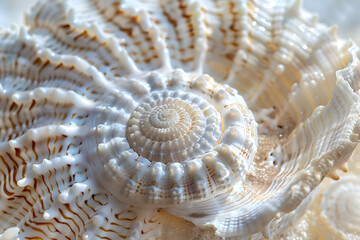a tropical seashell washed ashore, its intricate patterns and pearlescent hues a treasure from the depths of the ocean