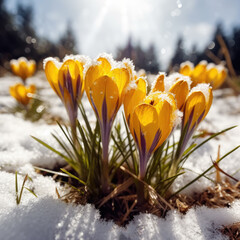 Group of yellow crocus flowers blooming in snowy field. Flowers delicate, beautiful, they stand out...