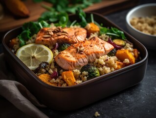 Healthy, delicious meal of grilled salmon, roasted vegetables, quinoa. Salmon cooked perfectly, flaky, moist. Vegetables roasted to perfection, tender, flavorful. Quinoa fluffy, light.