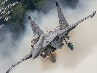 A fighter jet is flying through a cloud of smoke - obrazy, fototapety, plakaty