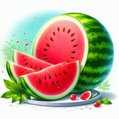  a watermelon. the watermelon with its distinctive green rind and juicy pink flesh, with  water droplets glistening on the surface - obrazy, fototapety, plakaty