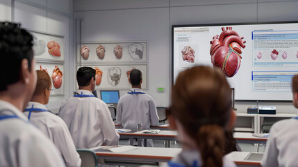 Advanced medical classroom featuring a 3D heart model, aiding in the comprehensive study of cardiovascular systems. - obrazy, fototapety, plakaty