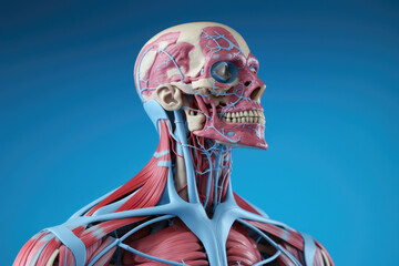 Anatomical model of skull with musculature and vessels.