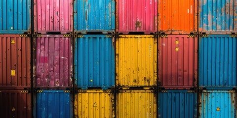 A close-up shot of colorful shipping containers stacked at the port. 