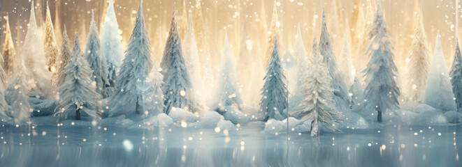 A magical winter scene unfolds with majestic fir trees blanketed in snow, icicles glistening in the ambient light.