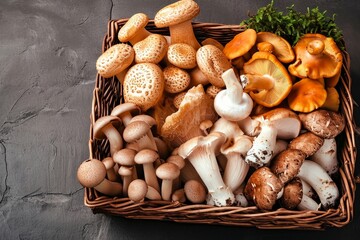 Variety of uncooked wild forest mushrooms in a wicker basket on a black background, flat lay. Mushrooms chanterelles, honey agarics, oyster mushrooms, Generative AI 