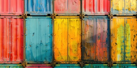 A close-up shot of colorful shipping containers stacked at the port. 