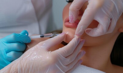 Cosmetologist doctor making multiple injections biorevitalization and mesotherapy with hyaluronic acid in woman hand in beauty clinic., closeup, Generative AI 