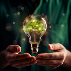 The palms of a man's hands and a light bulb with a tree inside. The concept of green energy.