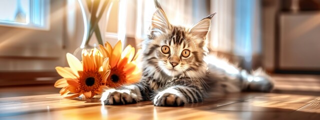 A cute young  fluffy tabby cat lies in a room on a wooden floor. Nice attentive look. - obrazy, fototapety, plakaty