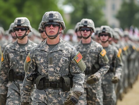A group of soldiers march in formation. One of the soldiers is wearing a helmet with the letters "A" and "M" on it