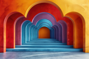 colorful arches and stairs leading to an open space in the center of frame. The composition is symmetrical with a central focus on the arched structure created with ai
