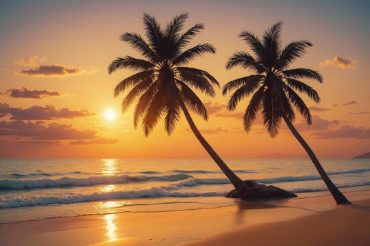 Two palm trees are on a beach at sunset. The sky is orange and the water is calm