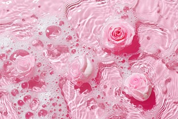 Top view of pink white clear calm water surface. Texture with splashes and bubbles and podium for cosmetics product. Trendy abstract summer nature cosmetic, Generative AI 