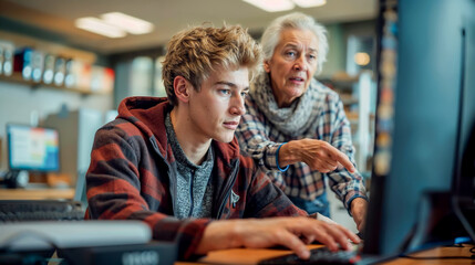 un adolescent aide sa grand mère à utiliser un ordinateur ou à remplir des documents importants en ligne