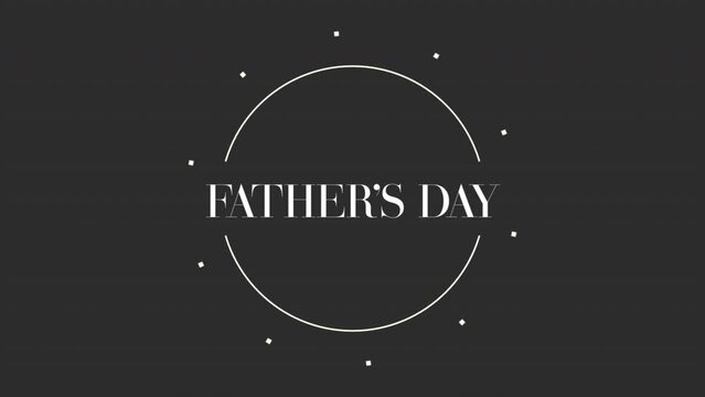 A minimalistic black and white image featuring a circular frame with Fathers Day inscribed in a modern font, surrounded by a circular design, set against a black background
