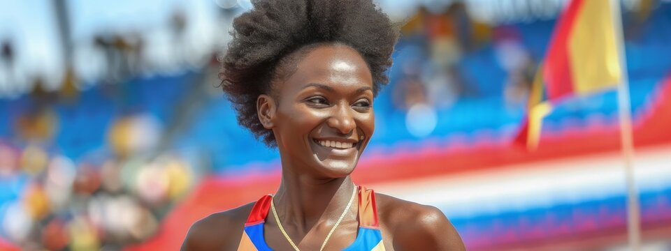 A happy and joyful black female athlete who finished first in the running competition at the International Olympic Games