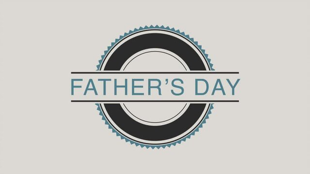 A minimalist logo for Fathers Day depicting the words Fathers Day within a circular design surrounded by blue and white stripes on a light gray background