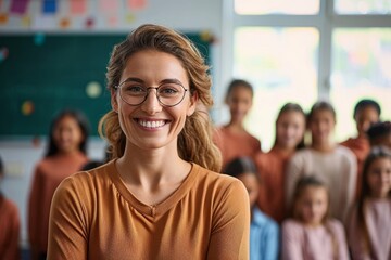 Portrait of smiling teacher in a class at elementary school looking at camera with learning students on background, Generative AI 