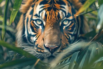 Intense close up of the piercing eyes of a wild tiger lurking in the dense jungle underbrush highlighting the majestic and fearsome beauty of the animal , Generative Ai