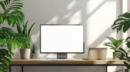 blank screen monitor on a wooden desk. home office interior