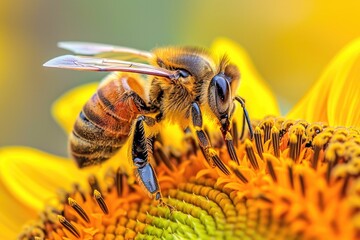 Macro close up of a bee meticulously pollinating a bright yellow flower showcasing the intricate textures and natural beauty of the interaction, Generative Ai - obrazy, fototapety, plakaty