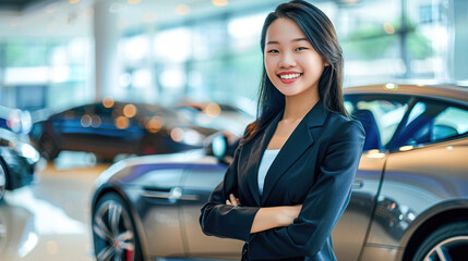 Professional Asian saleswoman in luxury showroom. Auto dealership office. Luxury car agent, copy space, Generative Ai