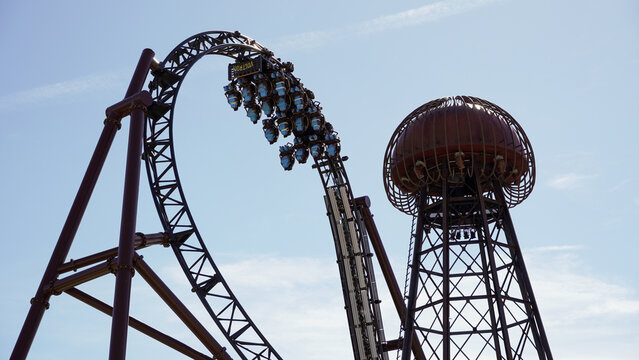 Rust, Germany-March 28.2024: Train of "Voltron Nevera", the world's first roller coaster of its kind at "Europa-Park" in the new "Croatia" theme area, during test rides with dummies. The new coaster