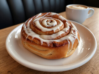 Cinnamon roll on a white plate and cafe latte