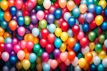 Fototapeta na wymiar Various colorful balloons with serpentine
