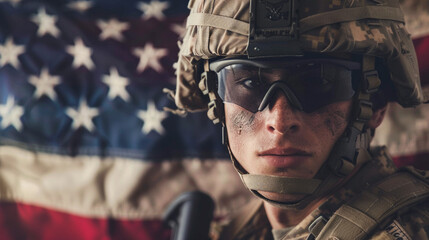 Close-up of a soldier with helmet and goggles, wearing a USMC uniform, set against the backdrop of the American flag. - obrazy, fototapety, plakaty