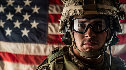 Close-up of a soldier with helmet and goggles, wearing a USMC uniform, set against the backdrop of the American flag.