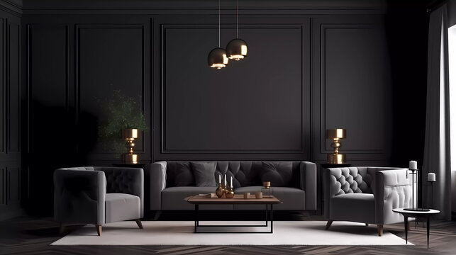 Modern interior design style living room ,office with black tone sofa ,dark wall paper.Interior design.