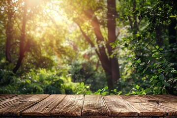 Empty wooden table in a lush forest background , light brown rim light environmental, Generative Ai