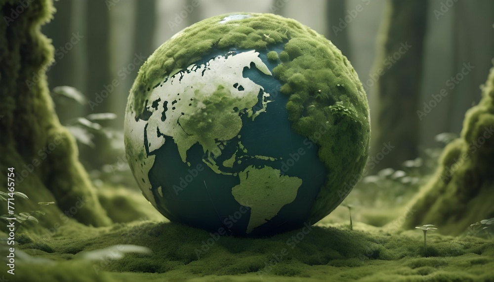 Wall mural conceptual 3d globe with continents and live green plants emerging set on mossy terrain against a bl