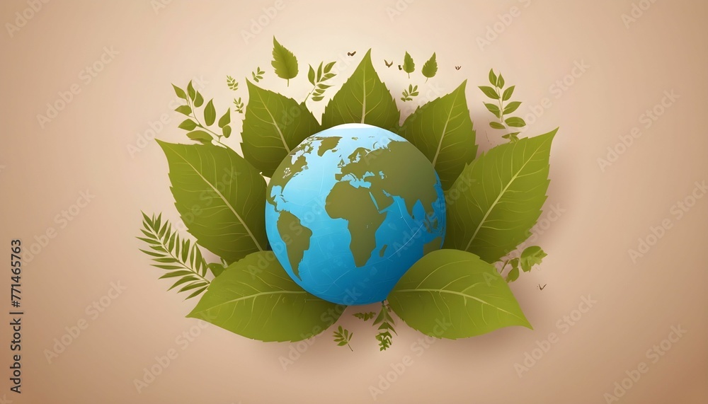 Wall mural happy earth day. ecology concept. design with globe map drawing and leaves on light brown background