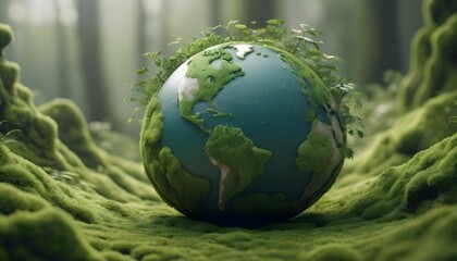 Obraz na płótnie Canvas conceptual 3D globe with continents and live green plants emerging set on mossy terrain against a blurred background created with generative ai.