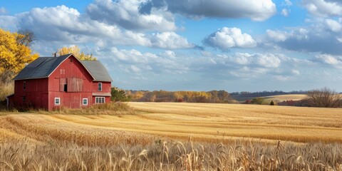 A charming farmhouse with a red barn and fields of golden wheat stretching to the horizon. 