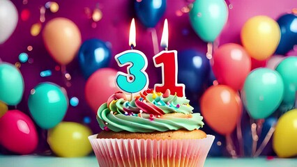 Timlapse with fast sequence of birthday cupcake. thirty-one years celbration. 31 Happy birthday animation. thirty-first anniversary.