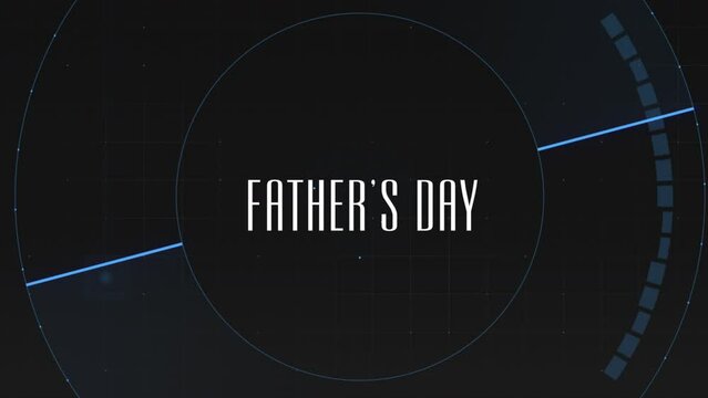 Futuristic Fathers Day greeting, Happy Fathers Day in blue on black background with blue lines. Celebrate dads with a modern touch