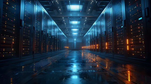 Modern Data Technology Center Server Racks in Dark Room with VFX. Visualization Concept of Internet of Things, Data Flow, Digitalization of Internet Traffic. Complex Electric Equipment Warehouse