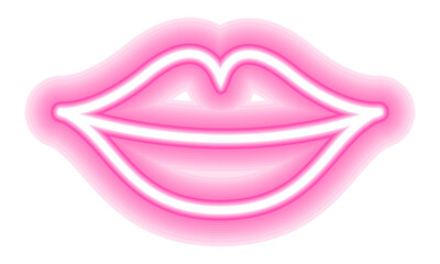 Neon glowing lips shining vibrant bright woman lips, love kiss icon with transparent background