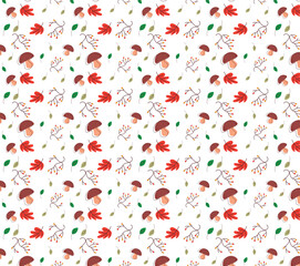 Indian Summer Seamless pattern in oriental geometric traditional style. Leaves, rowanberry and mushroom with coloured background blue, light colour. vector Designed by Vishal Singh