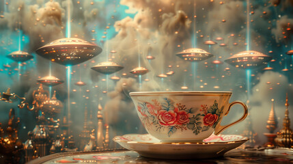 collage with classic teacup set amidst a backdrop of futuristic laser beams and UFOs,ai - obrazy, fototapety, plakaty