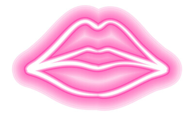 Neon glowing lips shining vibrant bright woman lips, love kiss icon with transparent background