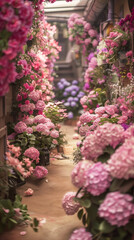 Naklejka premium A whimsical garden filled with blooms in shades of mauve and pink, inviting viewers into a dreamy, floral wonderland,ai