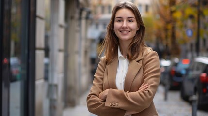 Portrait of a smiling young businesswoman standing with arms crossed in the street