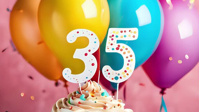 Timlapse with fast sequence of birthday cupcake. thirty-five years celbration. 35 Happy birthday animation. thirty-fifth anniversary.